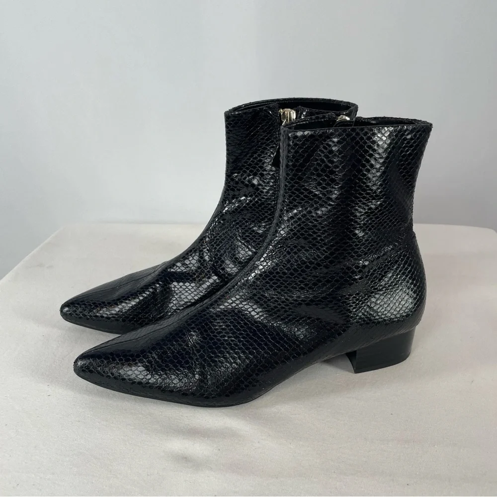 Zara‎ Snakeskin Embossed Leather Pointed Toe Booties in Black Size 6.5 or 37